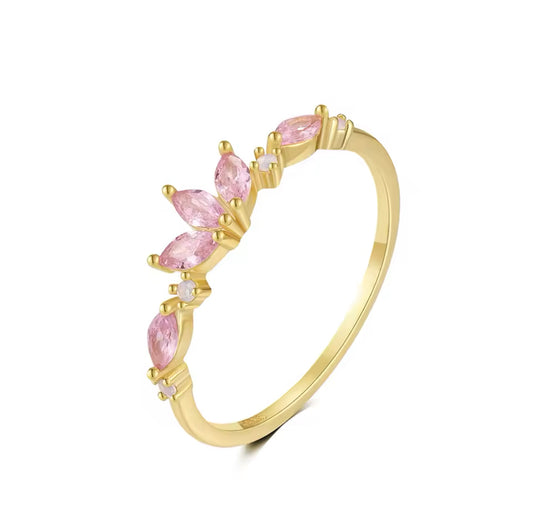 Anillo Corona de Circonias Rosa en plata 925 y Chapa Dorada
