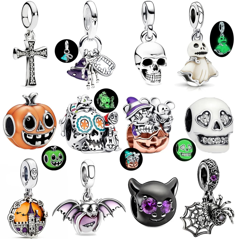 Cuentas luminosas de plata de ley S925 con forma de calavera para Halloween